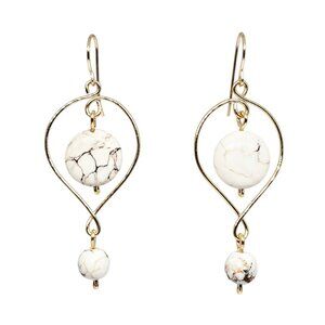 Handmade White Howlite Gemstone Beaded Gold Hoop Dangle Earrings Boho Chic